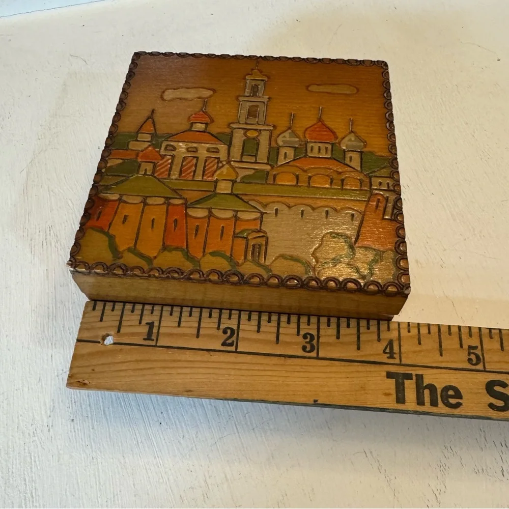 Russian Wood Box Town Scene done in Pyrography Vintage